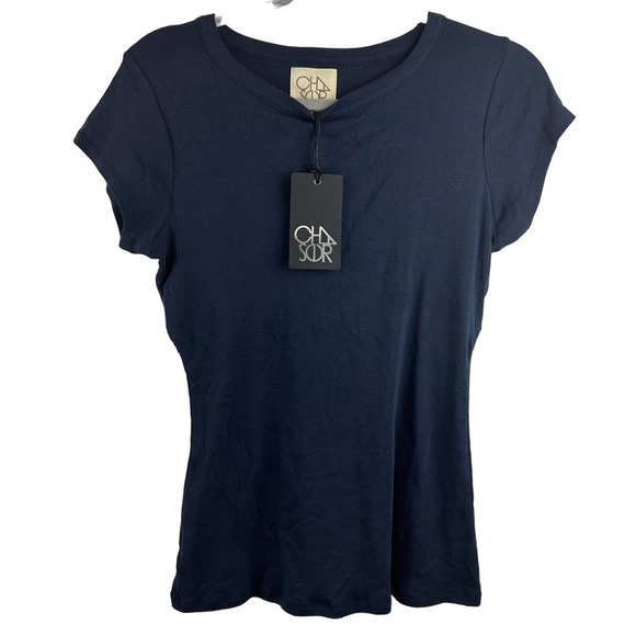 Chaser Cha Sor Tops - NWT Anthro Chaser Cha Sor Womens Sz M Navy Slim Fit Short Sleeve Cut Out Back